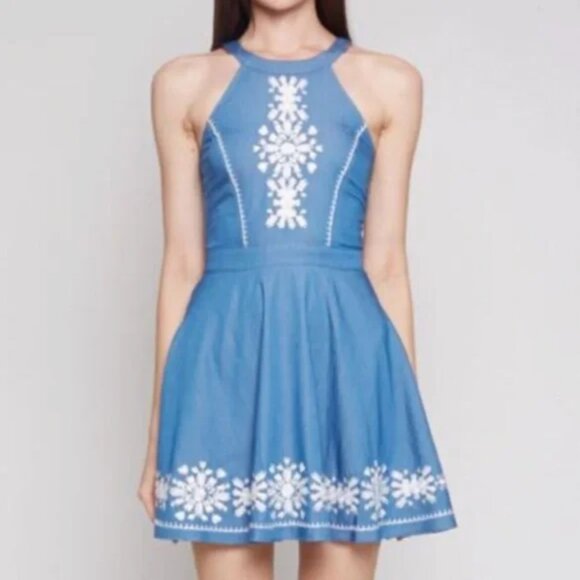 LOVERS + FRIENDS Hazel Mini Dress Floral Embroidered Blue Lagoon Chambray - Picture 1 of 9